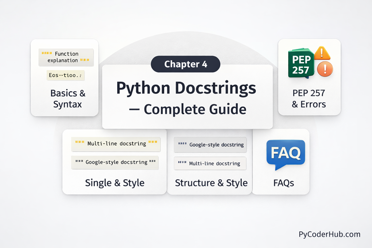 Python Docstrings complete guide showing syntax, structure, PEP 257 rules, and FAQ overview