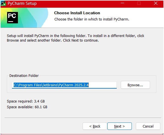 PyCharm setup screen on Windows showing the default installation folder selection