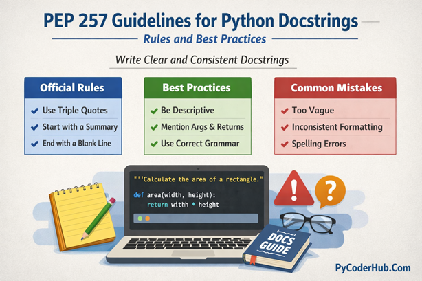 PEP 257 Guidelines for Python Docstrings explained with rules, examples, and common mistakes