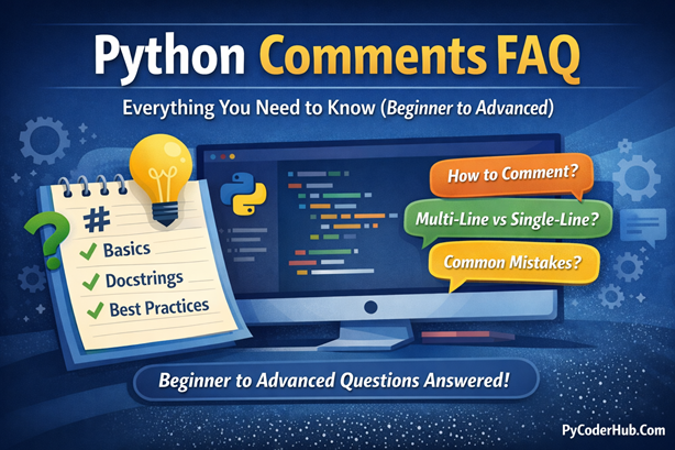 Python Comments FAQ explaining beginner to advanced questions about Python code comments