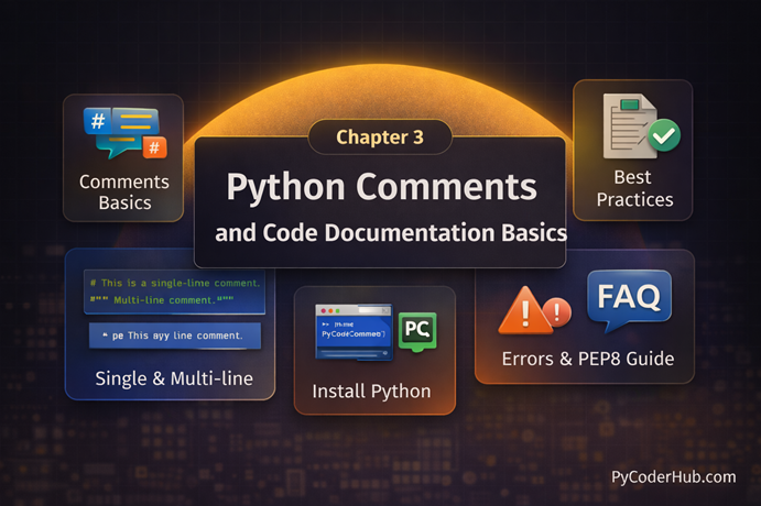 Python comments illustration showing single-line, multi-line, docstrings, best practices, and PEP 8 guidance for clean and readable code.