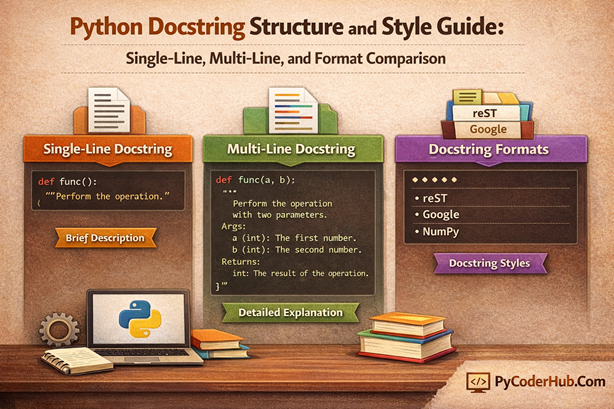 Python docstring structure and style guide showing single-line, multi-line, and docstring format comparison