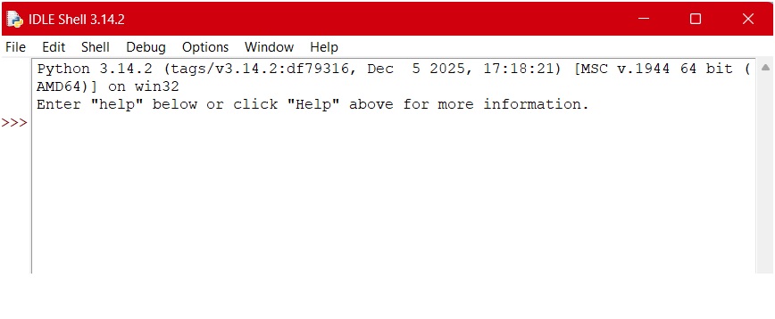 Python IDLE Shell interface showing Python 3.14.2 interactive prompt on Windows