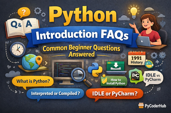 Python Introduction FAQs covering beginner questions about Python basics, history, installation, and IDLE vs PyCharm