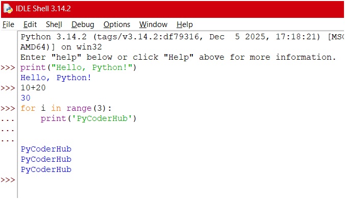Python IDLE Shell showing print statement, arithmetic operation, and loop output in Python 3.14.2 on Windows