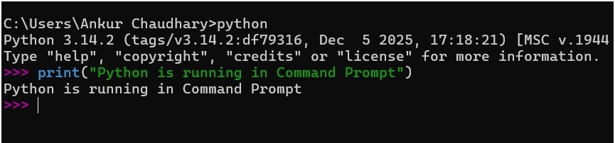 Python running in Command Prompt showing interactive mode output after executing a print statement