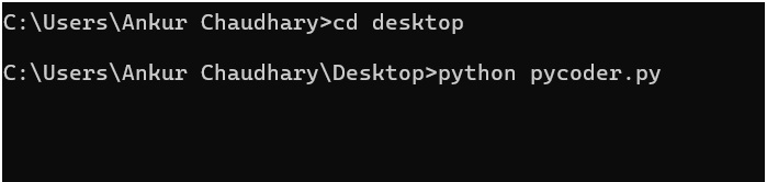 Running a Python script using Command Prompt by navigating to Desktop and executing a .py file