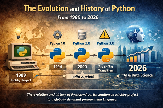 History and evolution of Python programming language from 1989 to 2026