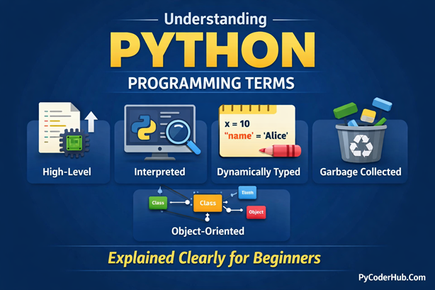 Understanding Python programming terms like high-level, interpreted, and dynamically typed explained visually
