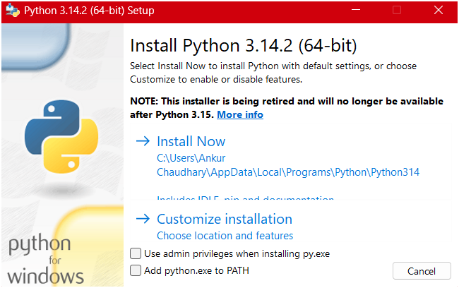 Python 3.14.2 (64-bit) setup screen on Windows showing Install Now option with Add python.exe to PATH and admin privileges checkboxes