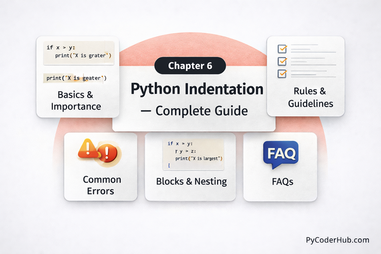 Python Indentation complete guide showing rules, nested blocks, common errors, best practices, and FAQs