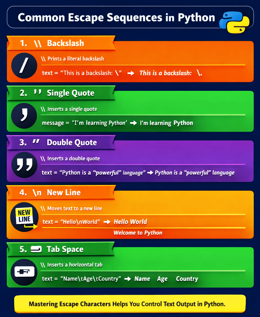 Infographic showing common Python escape sequences including backslash, single quote, double quote, newline and tab with examples and output comparison.