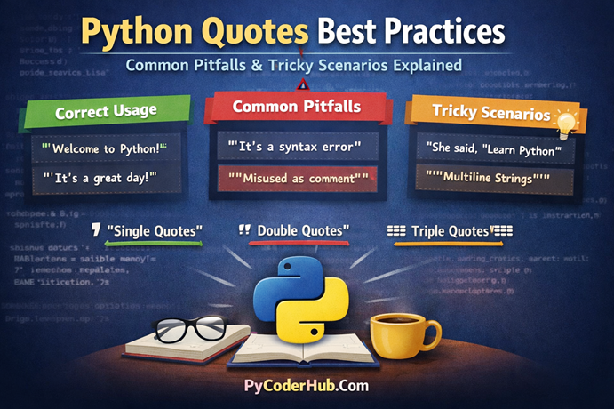 Python quotes best practices showing correct usage, common pitfalls, and tricky scenarios with single, double, and triple quotes