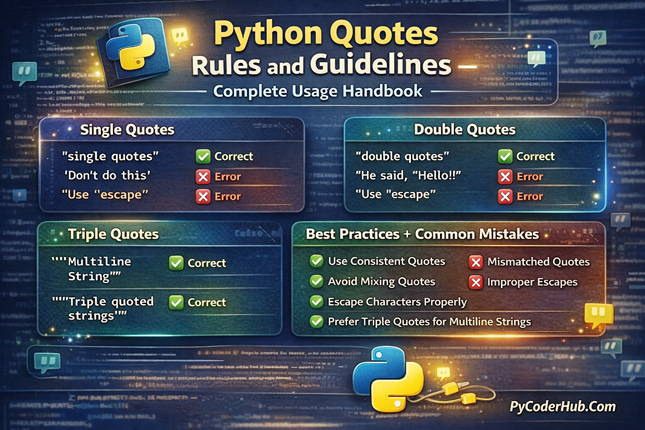 Python Quotes Rules and Guidelines showing correct usage of single, double, and triple quotes with syntax rules and best practices