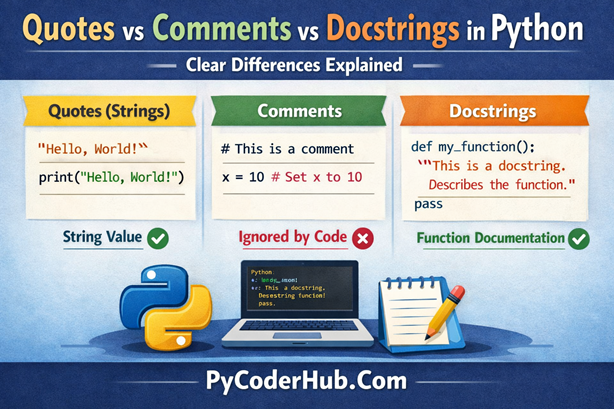 Quotes vs Comments vs Docstrings in Python showing clear differences between strings, comments, and docstrings with simple code examples. Image