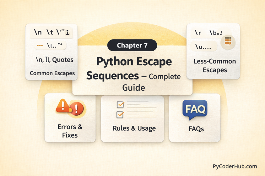 Python Escape Sequences complete guide showing common escapes, rules, errors, and FAQs