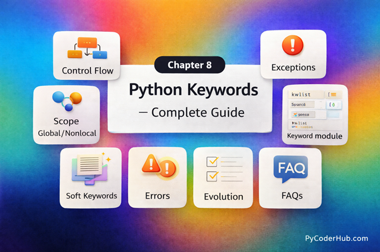 Python Keywords complete guide showing control flow, exceptions, scope, soft keywords, rules, errors, and FAQs