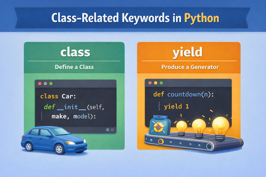Infographic explaining Python class-related keywords class and yield, showing how class is used to define a class and yield is used to create a generator.