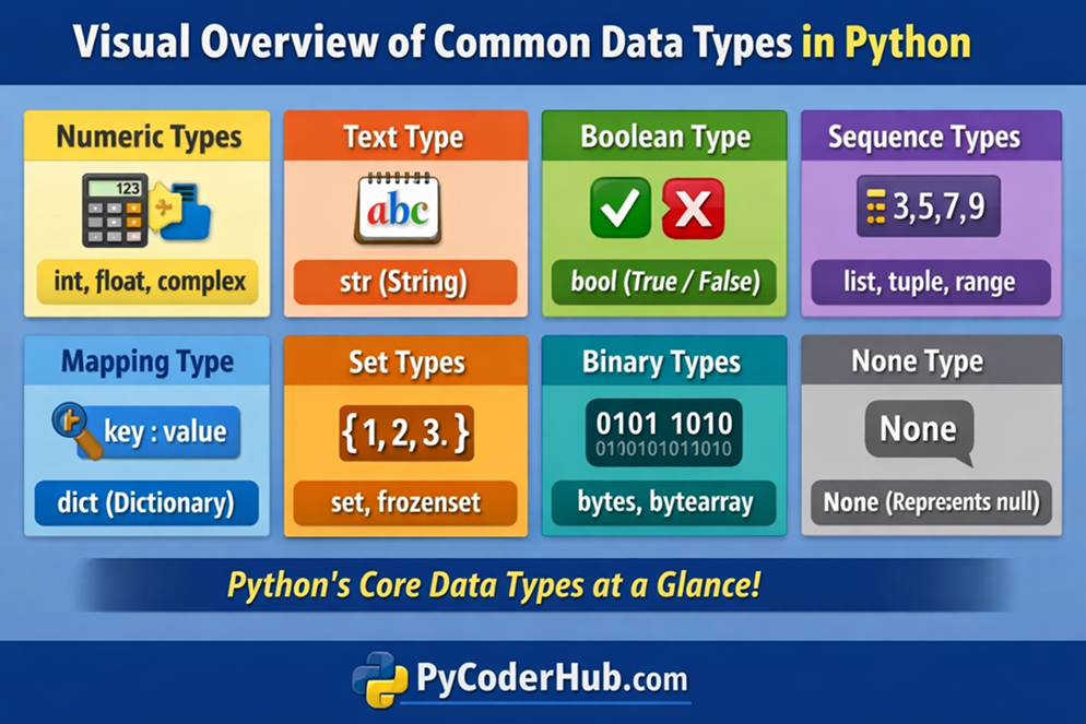 Common data types in Python infographic showing numeric, sequence, text, set, mapping, none, and binary types