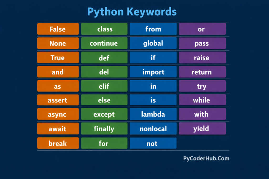 Python keywords chart showing all 35 reserved keywords in Python programming