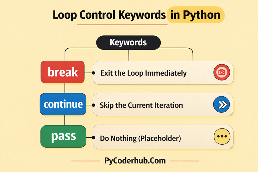 Infographic showing Python loop control keywords break, continue, and pass with short explanations of how each keyword controls loop execution.