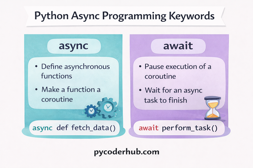 Python async programming keywords chart showing async and await used for asynchronous functions and task execution