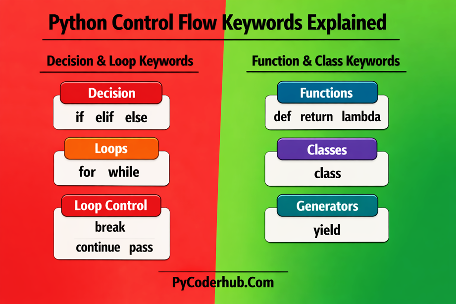 Python Control Flow Keywords diagram showing if, elif, else, for, while, break, continue, pass along with def, return, lambda, class, and yield