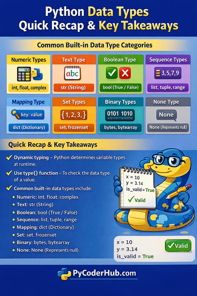 Python Data Types quick recap infographic showing key concepts and built-in data type categories