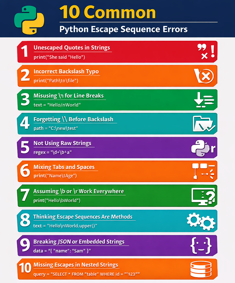 Infographic summarizing common Python escape sequence errors including unescaped quotes, incorrect backslashes, misuse of newline characters, raw string mistakes, terminal behavior issues, and JSON string errors.