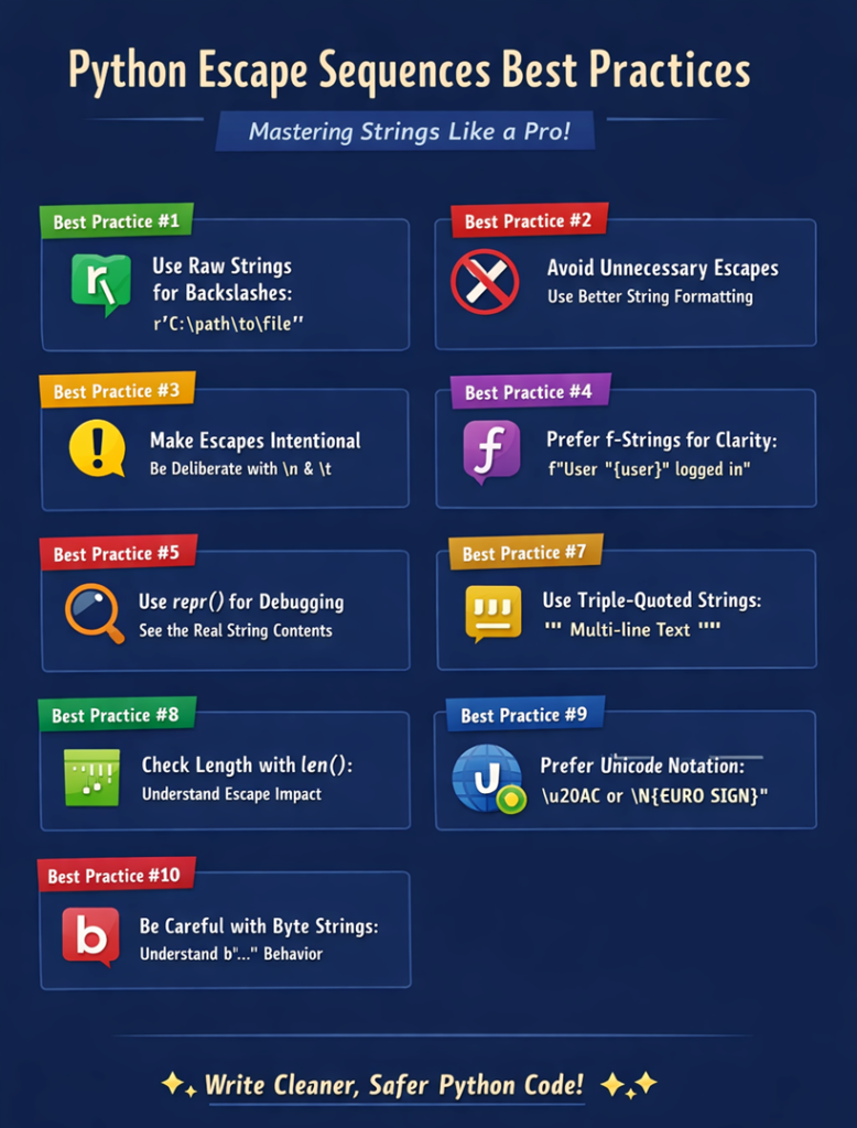 Python Escape Sequences Best Practices infographic summarizing raw strings, f-strings, repr(), len(), Unicode notation, triple quotes, and byte string usage.