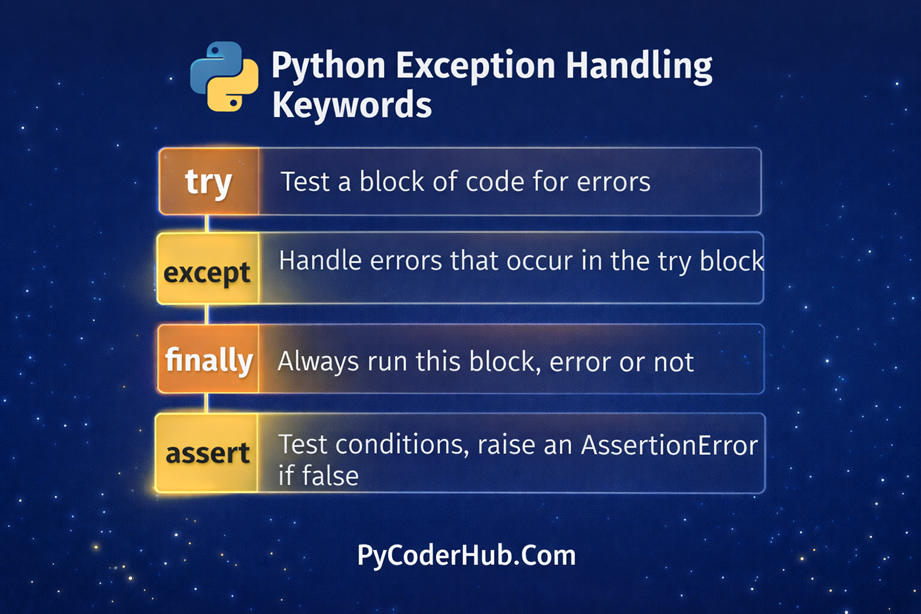 Python Exception Handling Keywords chart showing try except finally and assert