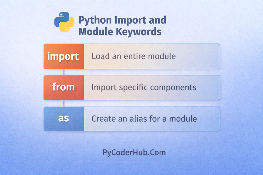 Python import and module keywords chart showing import from and as