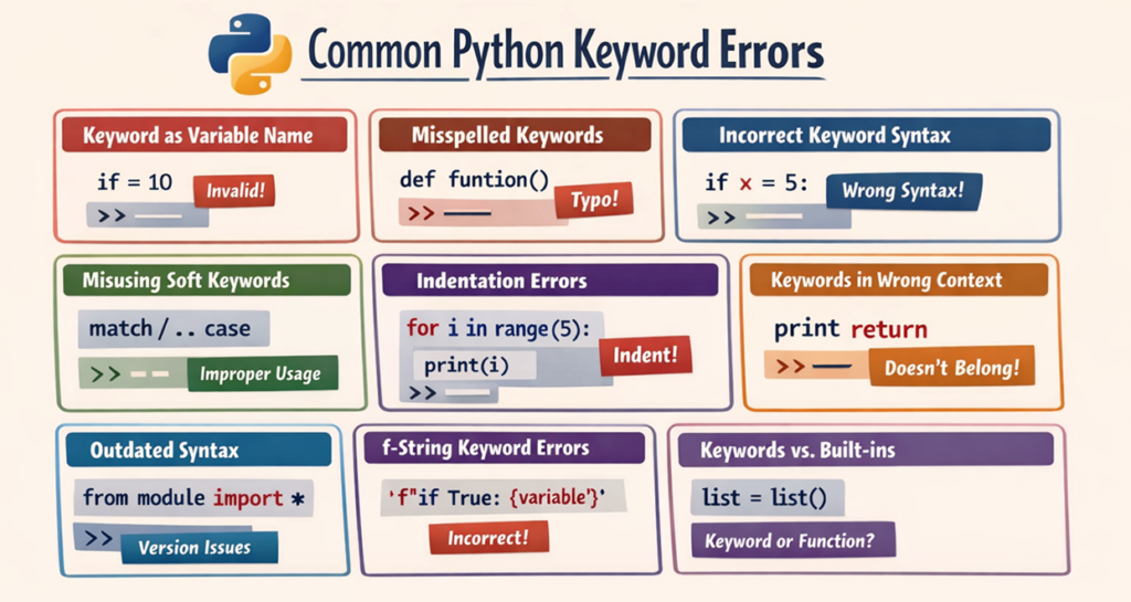 Visual summary of Python Keyword Errors showing common mistakes and fixes