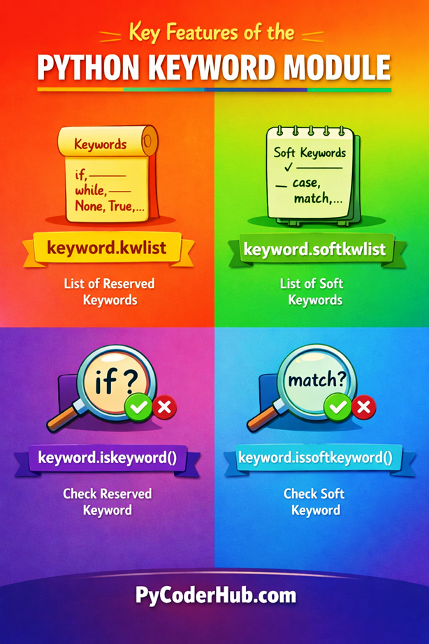 Python Keyword Module features kwlist softkwlist iskeyword issoftkeyword infographic