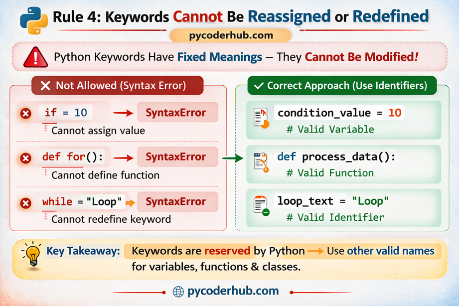 Python keyword reassignment restriction chart showing that keywords like if, for, and while cannot be assigned values or used as function names