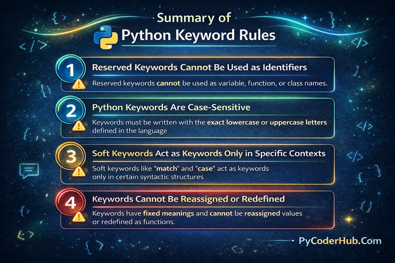 Python keyword rules summary chart showing four rules: reserved keywords cannot be identifiers, keywords are case-sensitive, soft keywords work in specific contexts, and keywords cannot be reassigned