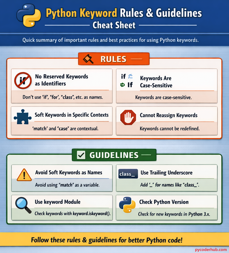 Python keyword rules and guidelines cheat sheet infographic showing reserved keyword restrictions, case sensitivity, soft keyword behavior, and best practices for using Python keywords.