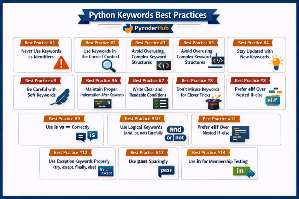 Python Keywords Best Practices infographic showing 14 key rules including correct keyword usage, indentation, logical operators, and exception handling.
