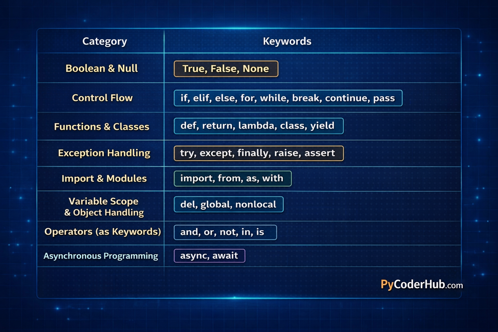Python keywords categories chart showing control flow, logical, definition, import, exception handling, and async keywords