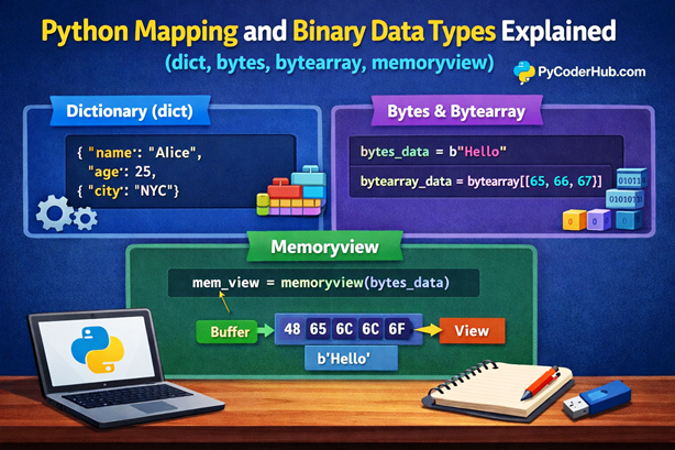 Visual representation of Python Mapping and Binary Data Types showing dict, bytes, bytearray, and memoryview with examples