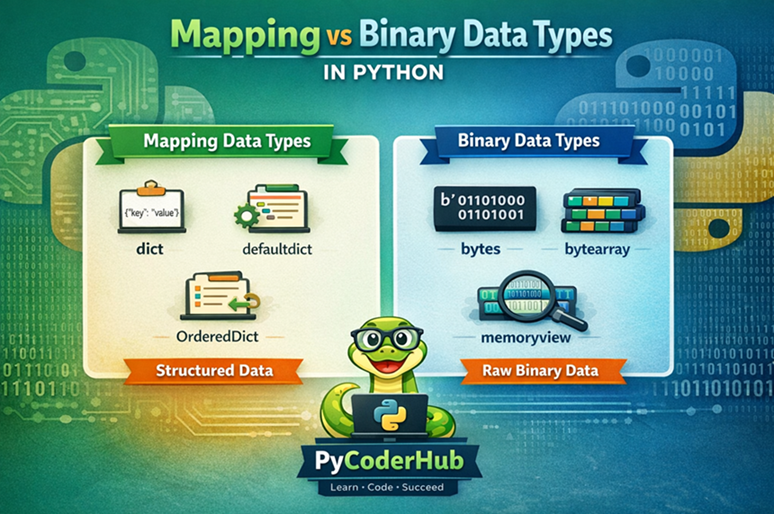 Visual representation of Python Mapping and Binary Data Types showing dict, bytes, bytearray, and memoryview comparison