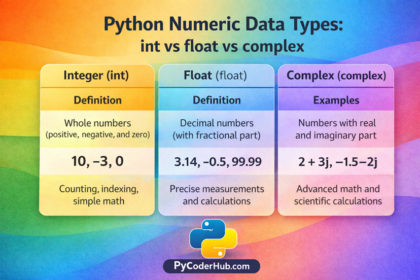 Python Numeric Data Types comparison int vs float vs complex infographic with examples
