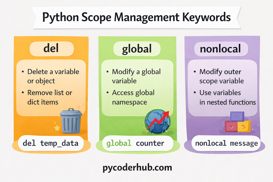 Python Scope Keywords chart showing del, global, and nonlocal with their purpose in Python variable scope management