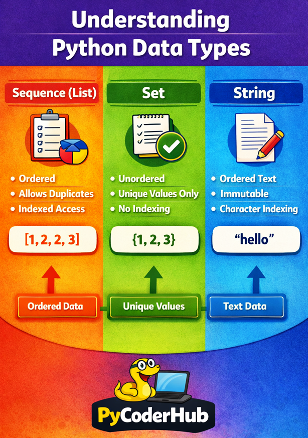 Python data types comparison infographic showing sequence (list), set, and string differences with examples