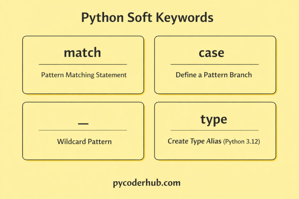 Python Soft Keywords chart showing match, case, underscore wildcard (_), and type keyword introduced in Python 3.12