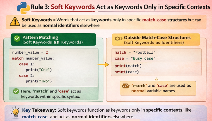 Python soft keywords context behavior chart showing how match and case act as keywords inside pattern matching but can be used as normal identifiers outside that context
