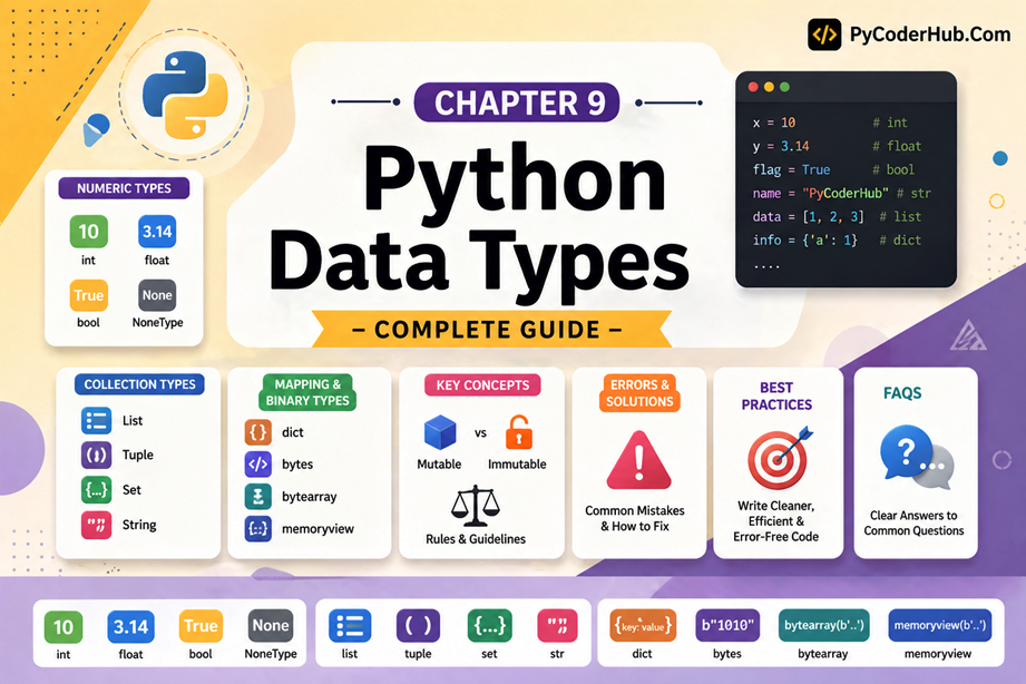 Python Data Types complete guide showing numeric, collection, mapping, binary types, rules, errors, best practices, and FAQs