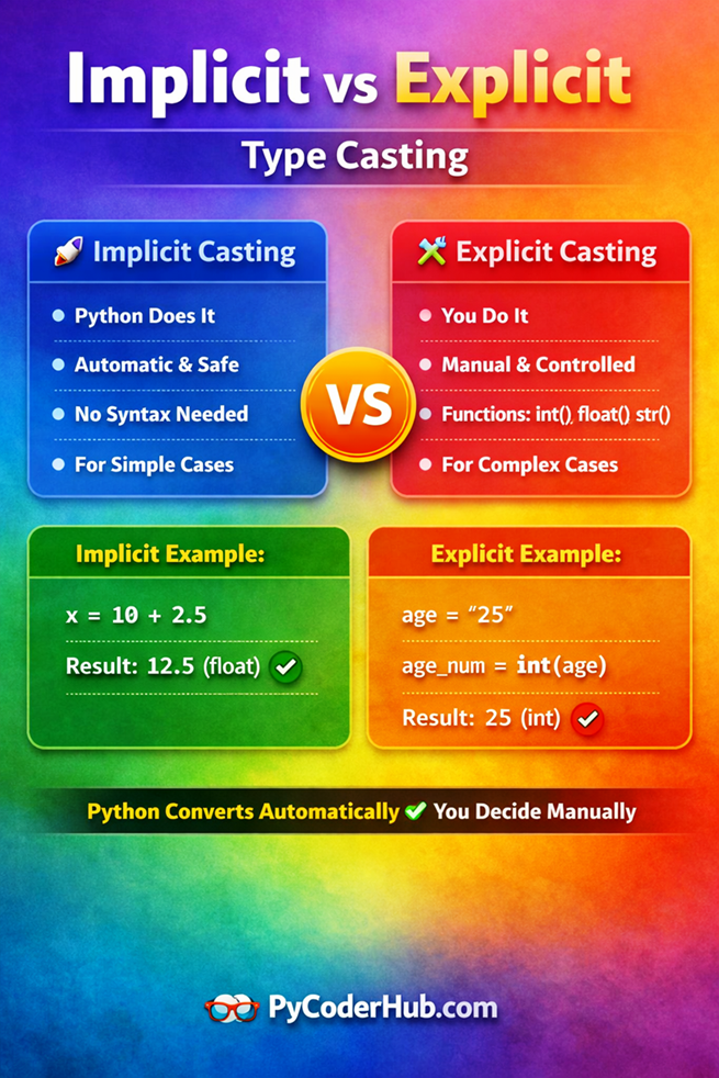 Infographic comparing implicit and explicit type casting in Python showing automatic vs manual conversion with examples and colorful layout