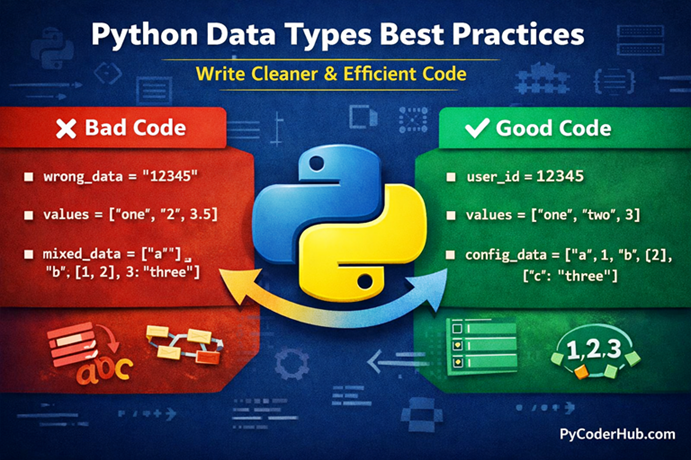 Visual guide explaining Python Data Types Best Practices with examples of correct and incorrect usage for cleaner and efficient code
