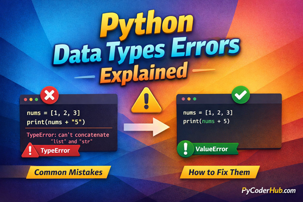 Python Data Types Errors examples showing common mistakes and fixes in Python code